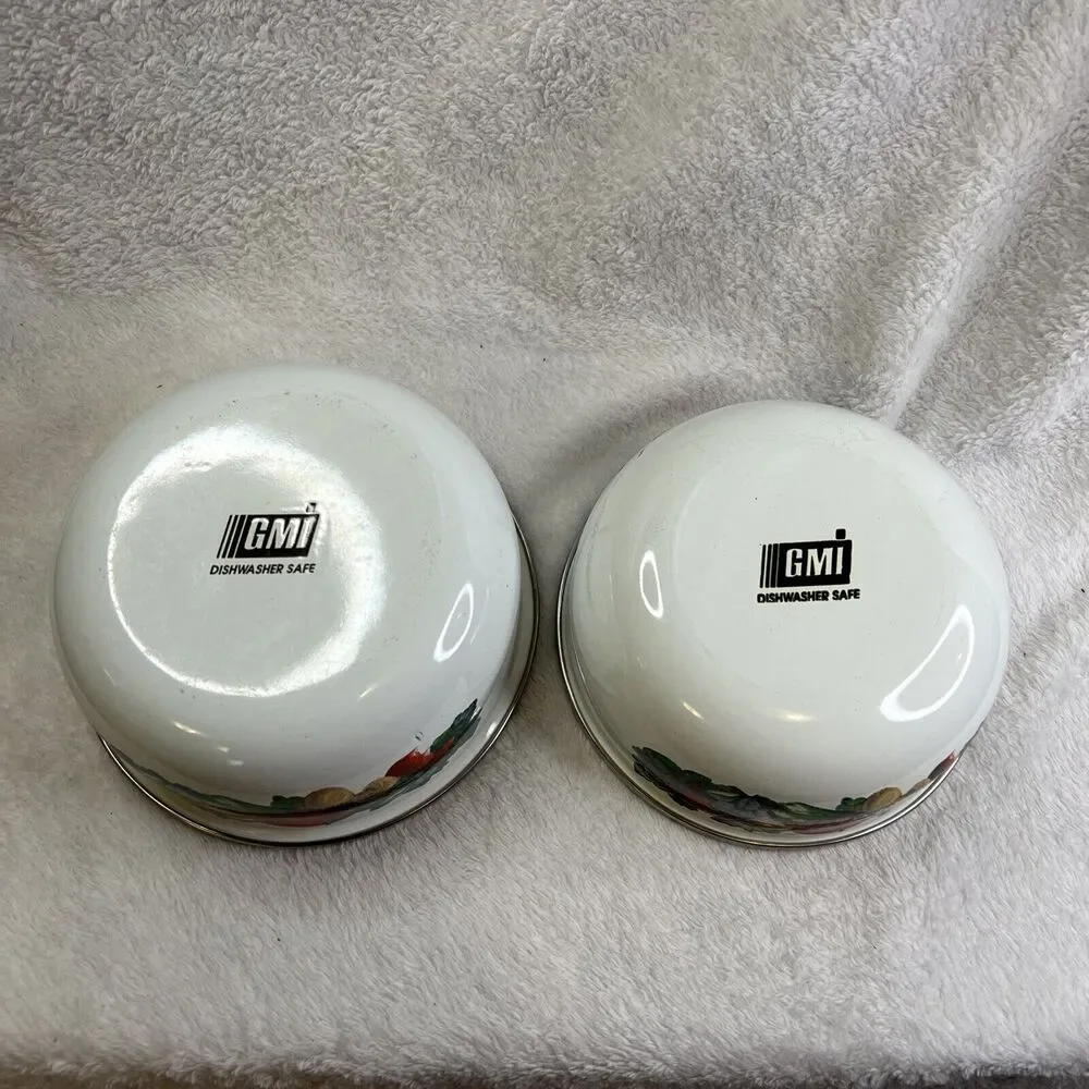 Vintage‎ GMI Enamel Metal Nesting Vegetable pattern Mixing Bowls No Lid Set Of 2